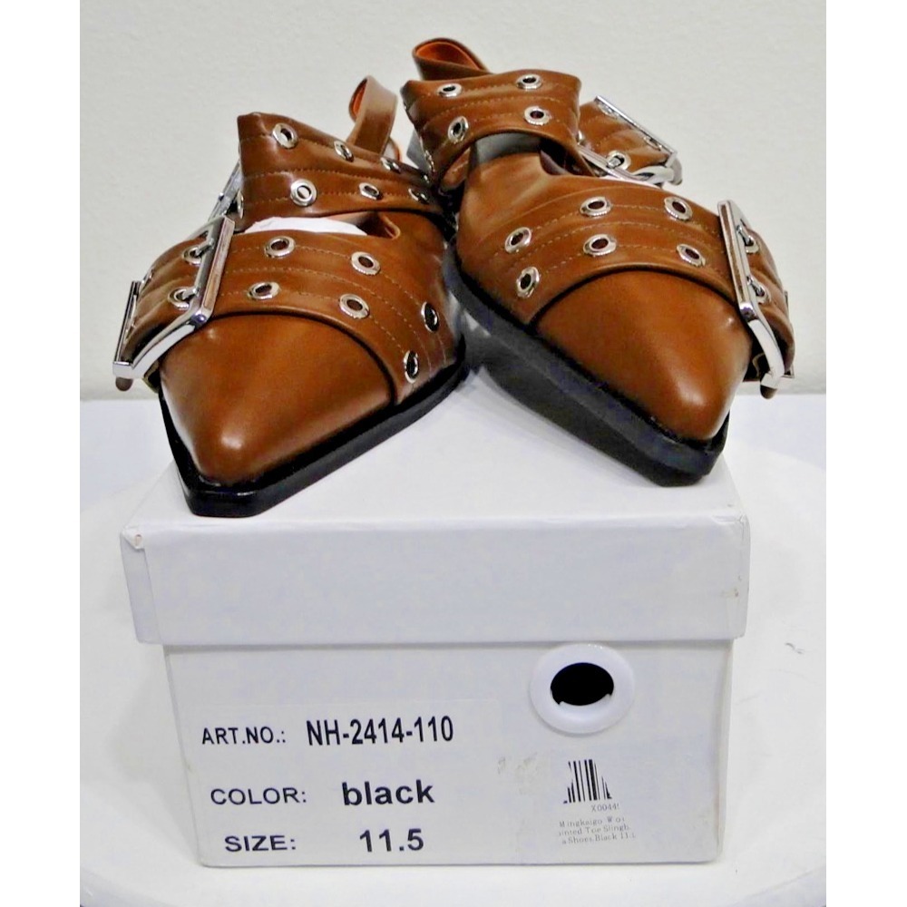 Chunky Buckle Slingback Ballerina Heel Brown Patent Leather Shoes Size 11 - Picture 13 of 13